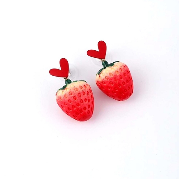 Realistic strawberry heart earrings with silver post for sensitive ears BOGO - Picture 9 of 13